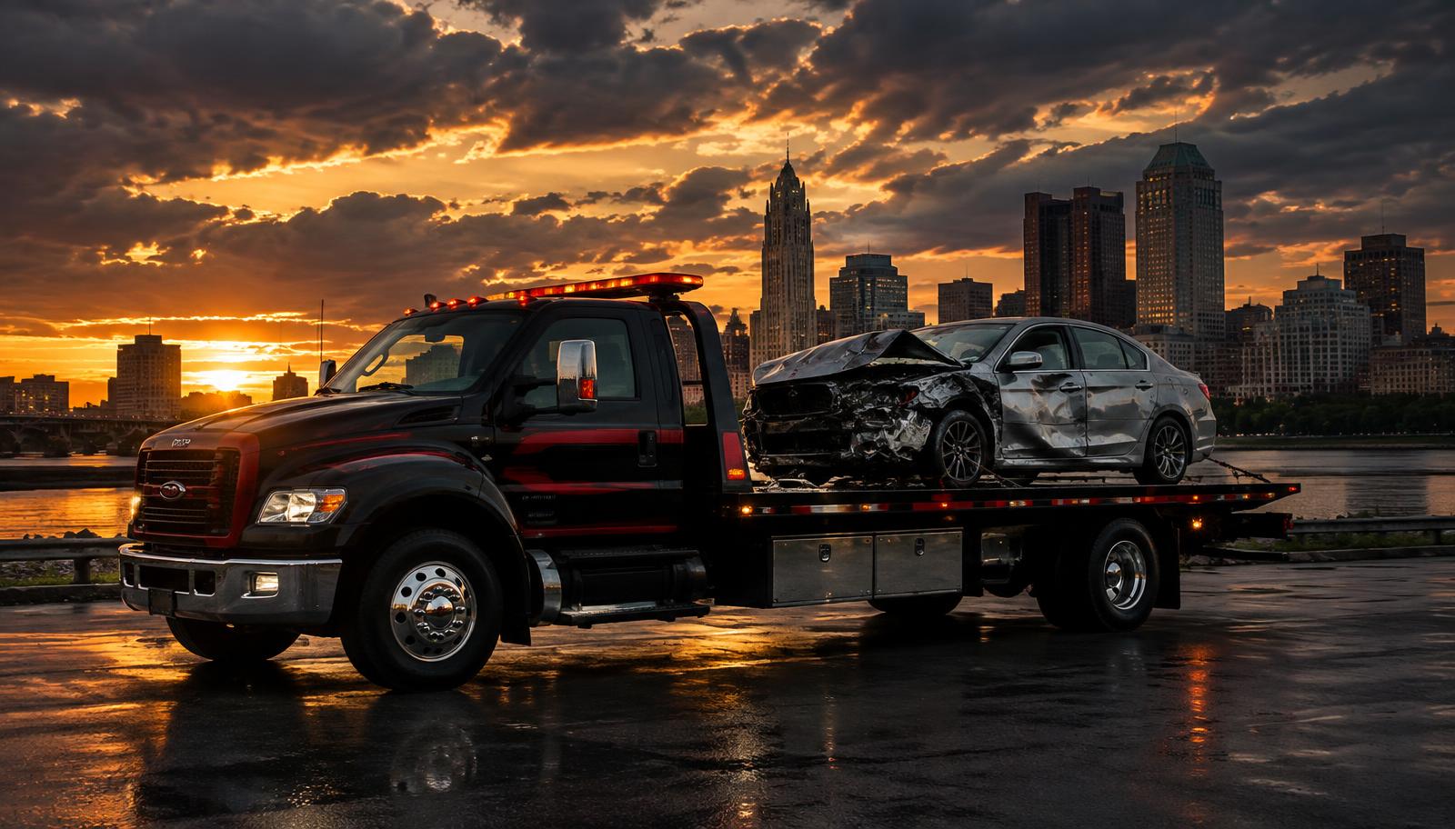 Black 614 tow truck hauling a wrecked sedan with the Columbus skyline behind